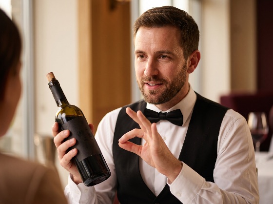 professional, sommelier, recommending, bottle, red, wine, customer, luxury, restaurant, waiter, hospitality, service, dining, male, staff, recommendation, okay, gesture, bow, tie, uniform, fine, alcohol, beverage, tasting, lifestyle, elegant, interior, cork, drink, catering, gourmet, expert, industry, server, man, adult, caucasian, formal, upscale, evening, dinner, quality, food