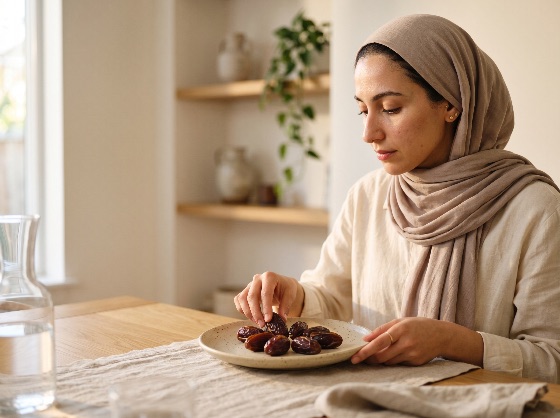 young, muslim, woman, hijab, sitting, table, and, picking, date, from, plate, breaking, her, fast, during, ramadan, iftar, dates, islam, religious, tradition, lifestyle, eating, modest, middle, eastern, arab, kitchen, home, peaceful, minimalist, food, fruit, fasting, culture, adult, female, indoor, natural, light, suhoor, healthy, snack, dried, ethnic, spiritual, beige, dining, portrait, fashion, headscarf, authentic, people