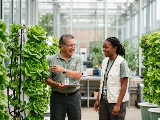 diverse, agricultural, scientists, discussing, vertical, hydroponic, farming, modern, greenhouse, hydroponics, agriculture, sustainable, diversity, scientist, student, mentor, education, technology, lettuce, organic, food, production, innovation, research, teamwork, collaboration, environment, eco-friendly, urban, career, professional, growth, nature, plants, indoor, sustainability, expert, intern, learning, workplace, industry, business, finance