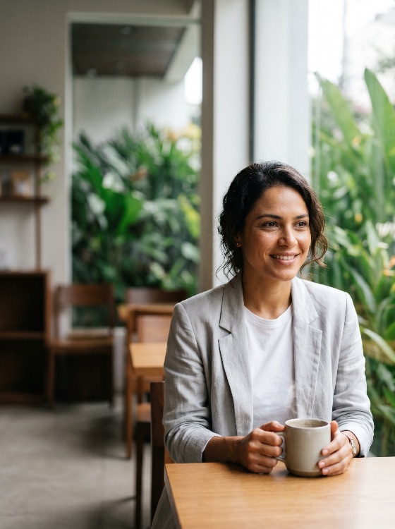 happy, middle-aged, woman, business, casual, attire, enjoying, cup, coffee, modern, plant-filled, cafe, smiling, professional, blazer, mug, drink, morning, break, relaxation, lifestyle, portrait, indoor, restaurant, green, plants, nature, bright, light, contemplative, success, entrepreneur, freelancer, remote, work, brunette, wooden, table, tea, beverage, serene, peaceful, urban, city, life, work-life, balance, confidence, positive, attractive, adult, female, people, one, person, looking, away
