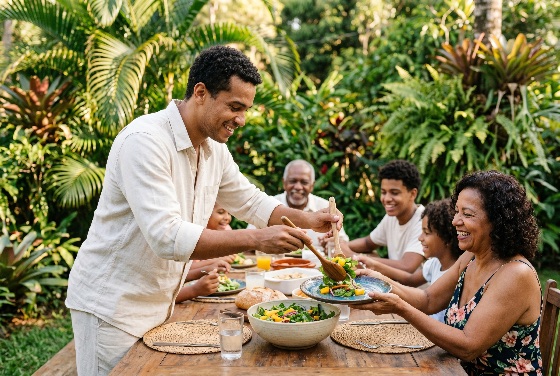 smiling, young, man, serving, fresh, salad, his, family, during, outdoor, lunch, lush, tropical, backyard, garden, meal, black, african, american, healthy, eating, together, multi-generational, happiness, summer, food, lifestyle, people, grandfather, children, parents, gathering, celebration, nature, green, leisure, weekend, home, hospitality, sharing, wellness, nutrition, organic, vegetable, community, unity, love, connection, vacation, travel, brazil, caribbean, diversity, inclusion, dinner