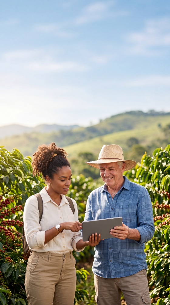 diverse, farmers, using, digital, tablet, for, smart, agriculture, coffee, plantation, farming, technology, collaboration, agritech, rural, harvest, crop, nature, outdoor, management, sustainability, beans, agronomist, data, teamwork, mentorship, senior, young, woman, man, field, green, hills, landscape, production, industry, business, professional, lifestyle, sunny, environment, growth, organic, farm