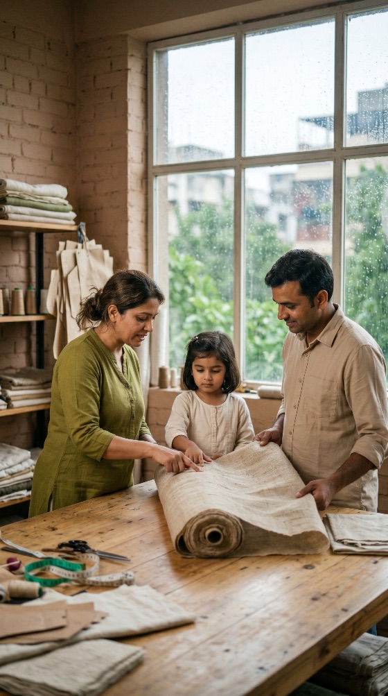 indian, family, running, small, textile, business, inspecting, fabric, roll, their, workshop, sustainable, fashion, artisan, craftsmanship, parents, and, child, linen, tailoring, studio, entrepreneurs, wooden, table, quality, control, handmade, eco-friendly, industry, south, asian, interior, creative, professional, teamwork, learning, childhood, career, manufacturing, natural, materials, lifestyle, finance