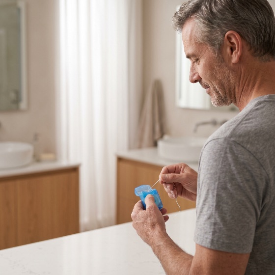 middle-aged, man, preparing, floss, his, teeth, bright, modern, bathroom, dental, oral, hygiene, care, health, routine, mature, male, flossing, morning, lifestyle, healthcare, grooming, cleaning, adult, grey, hair, domestic, interior, daily, wellness, prevention, self-care, home, person, portrait, profile, holding, dispenser, blue, white, medical