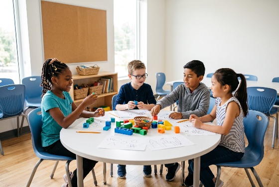 diverse, group, elementary, school, children, sitting, together, four, students, sit, round, table, bright, classroom, they, are, actively, engaged, creative, play, with, colorful, building, blocks, and, drawing, paper, the, scene, shows, collaboration, early, childhood, education, modern, environment, playing, learning, multi-ethnic, creativity, kindergarten, preschool, friendship, indoors, activity, development, cooperation, primary, kids, diversity, multicultural, asian, african, american, caucasian, hispanic, glasses, toys, social, interaction, growth, youth, student, teamwork, preschooler, pupils