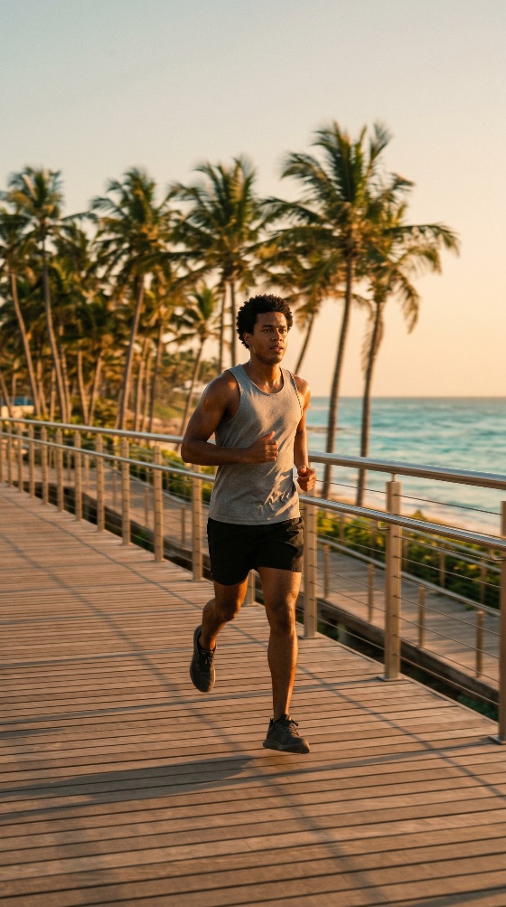 athletic, young, man, jogging, coastal, boardwalk, sunset, with, palm, trees, and, ocean, view, running, fitness, exercise, beach, tropical, healthy, lifestyle, athlete, workout, golden, hour, summer, active, wellness, training, sports, outdoor, male, black, african, american, sea, vacation, travel, leisure, motivation, endurance, cardio, nature, scenic, sunrise, morning, evening, sportswear, tank, top, shorts, shoes, alone, solitude, peaceful, health, landscapes