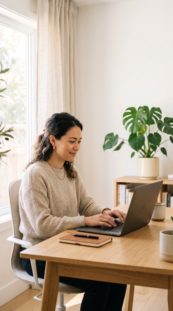 young, professional, woman, working, laptop, wooden, desk, types, sunlit, home, office, the, scene, features, monstera, plant, notebook, and, minimalist, decor, creating, calm, productive, atmosphere, remote, work, business, technology, computer, indoor, interior, bright, natural, light, window, table, pen, coffee, mug, modern, female, adult, casual, sweater, smiling, focused, entrepreneur, freelancer, student, education, learning, productivity, lifestyle, digital, nomad, telecommuting, workspace, career, communication, internet, online, typing, portrait, side, view, cozy, apartment, house, finance