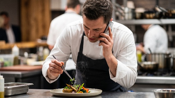 professional, chef, plating, gourmet, dish, with, tweezers, while, talking, smartphone, busy, restaurant, kitchen, cooking, phone, multitasking, food, culinary, uniform, apron, commercial, hospitality, service, communication, technology, male, man, coat, meal, preparation, fine, dining, work, job, career, lifestyle, modern, gastronomy, arts, industry, drink