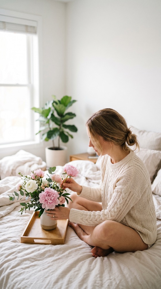 young, woman, cozy, sweater, sitting, bed, and, arranging, beautiful, bouquet, pink, peonies, vase, flowers, bedroom, lifestyle, home, morning, peaceful, serene, florist, hobby, interior, minimalist, relax, feminine, aesthetic, fresh, white, tray, wooden, light, bright, natural, plant, decor, leisure, wellness, comfort, domestic, hobbyist, spring, summer, floral, bloom, petal, cable-knit, blonde, interiors