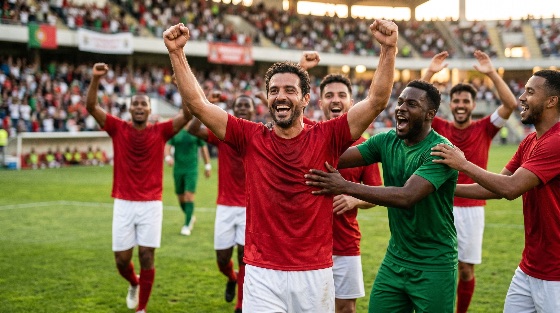 excited, soccer, players, celebrating, goal, the, field, packed, stadium, during, match, football, celebration, victory, team, winning, sport, athlete, competition, cheering, joy, success, professional, pitch, grass, teammates, crowd, fans, excitement, energy, red, jersey, green, male, men, diverse, group, action, emotion, triumph, game, tournament, championship, outdoor, daylight, happiness, shouting, arms, raised, sportsmanship, athletic, league, score, winner, sports, fitness