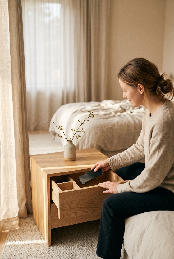 young, woman, putting, her, smartphone, into, wooden, nightstand, drawer, bright, minimalist, bedroom, practicing, digital, detox, sleep, hygiene, interior, lifestyle, technology, disconnecting, home, wellness, mindfulness, routine, furniture, wood, bedside, table, phone, mobile, healthy, habits, scandinavian, neutral, calm, peaceful, morning, evening, adult, female, interiors