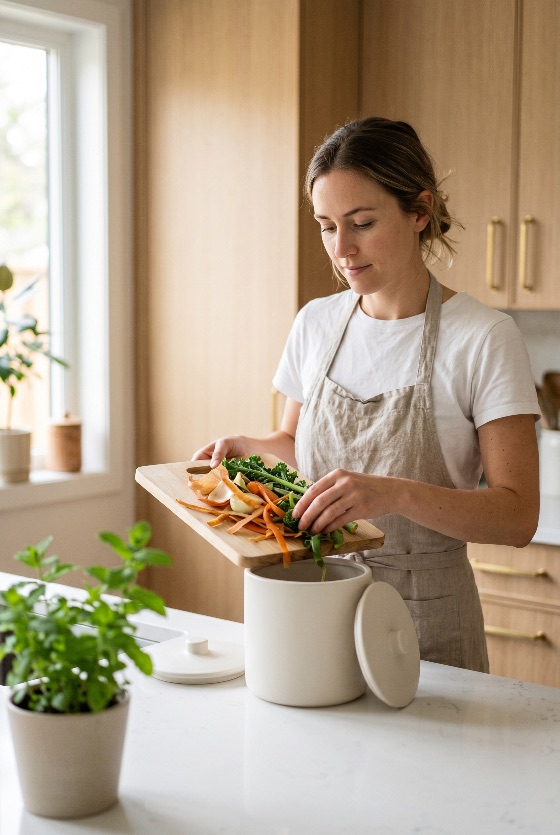 young, woman, apron, scraping, organic, vegetable, scraps, from, cutting, board, into, ceramic, compost, bin, bright, modern, kitchen, composting, sustainability, zero, waste, recycling, eco-friendly, lifestyle, healthy, environment, green, cooking, home, interior, peeling, carrot, kale, food, disposal, sustainable, living, conscious, natural, domestic, household, ecology, earth-friendly, fertilizer, soil, gardening, indoor, plant, mint, drink