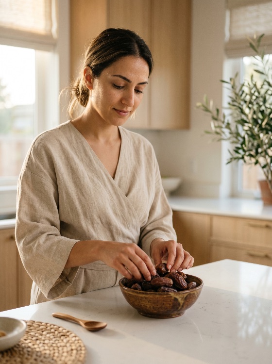 young, woman, linen, robe, reaching, for, dried, dates, ceramic, bowl, bright, kitchen, island, healthy, food, snack, lifestyle, nutrition, organic, fruit, medjool, ramadan, iftar, middle, eastern, mediterranean, wellness, home, interior, minimalist, natural, light, calm, peaceful, eating, vegan, vegetarian, sweet, countertop, marble, domestic, leisure, casual, morning, routine, living, aesthetic, neutral, beige, person, adult, female, drink