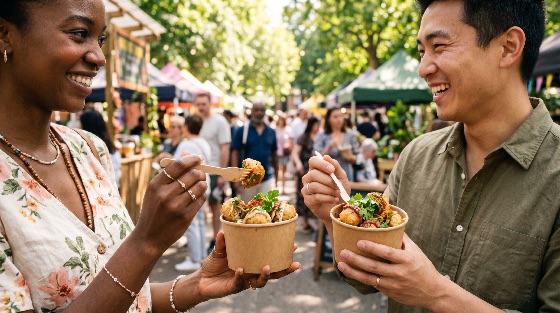happy, multiethnic, couple, enjoying, delicious, street, food, vibrant, outdoor, market, festival, eating, diverse, stall, smiling, summer, lifestyle, friends, travel, tourism, snack, bowl, wooden, fork, eco-friendly, togetherness, urban, city, weekend, leisure, lunch, appetizer, meatballs, falafel, asian, man, black, woman, diversity, inclusion, sunny, daytime, crowd, people, culinary, gastronomy