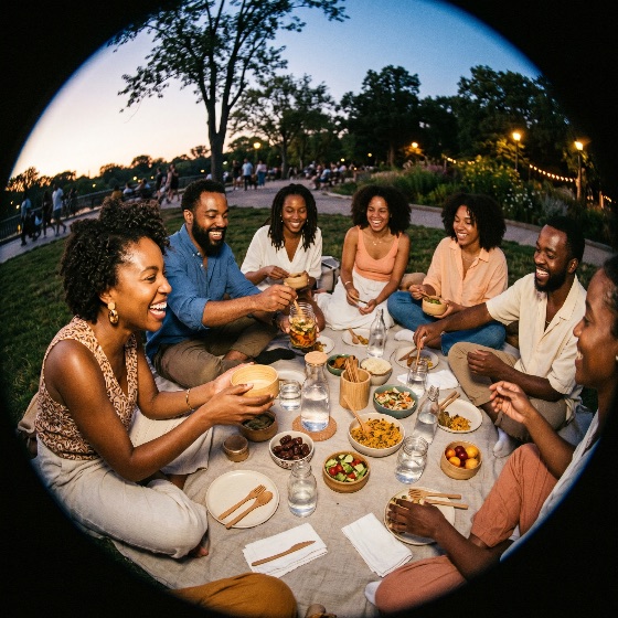 fisheye, view, diverse, group, happy, black, friends, enjoying, picnic, meal, urban, park, sunset, people, african, american, eating, outdoor, summer, social, gathering, happiness, laughing, food, healthy, community, friendship, evening, dusk, lifestyle, together, sharing, leisure, relaxation, nature, wide, angle, circular, celebration, dinner, garden, parkland, youth, millennial, joy, smiling, togetherness, blanket, party, alfresco, dining