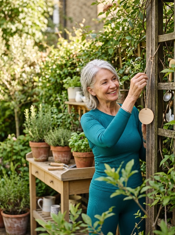 happy, senior, woman, hanging, wooden, tag, trellis, lush, garden, gardening, hobby, active, lifestyle, retirement, smiling, grey, hair, mature, outdoor, backyard, plants, herbs, potting, bench, nature, leisure, healthy, living, wellness, decoration, summer, spring, foliage, greenery, home, peaceful, elderly, female, caucasian, rosemary, basil, terracotta, pots, people