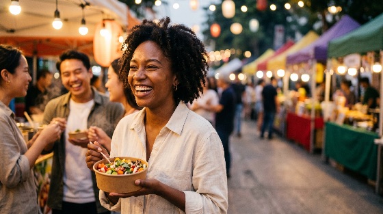 happy, young, woman, laughing, while, eating, street, food, with, friends, vibrant, night, market, diverse, outdoor, festival, summer, social, gathering, stall, lanterns, urban, lifestyle, happiness, multicultural, travel, tourism, evening, community, salad, healthy, adults, friendship, atmosphere, people