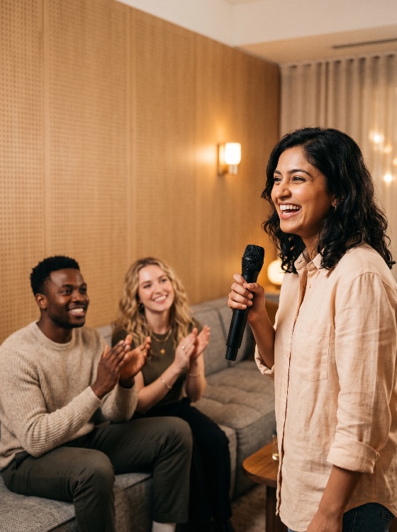 joyful, young, woman, holding, microphone, and, laughing, during, karaoke, night, with, diverse, friends, clapping, the, background, singing, party, laughter, happiness, social, gathering, entertainment, applause, celebration, multicultural, home, indoor, leisure, fun, lifestyle, man, group, friendship, performance, speech, public, speaking, event, music, nightlife, hobby, together, joy, smiling, audience, support, encouragement, vocal, hobbyist, living, room, lounge, modern, casual, youth, adult, evening, activity, people