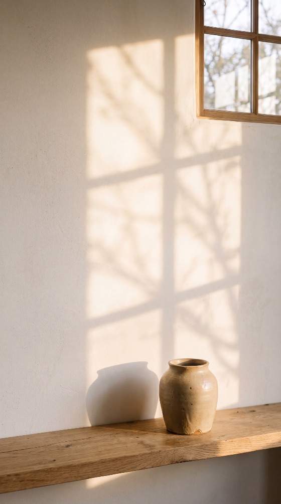 minimalist, interior, with, ceramic, vase, wooden, shelf, and, warm, window, sunlight, shadows, the, wall, shadow, golden, hour, home, decor, rustic, aesthetic, wabi-sabi, peaceful, serene, clay, pot, texture, light, morning, afternoon, still, life, design, simple, natural, organic, branch, tree, cozy, atmosphere, background, copy, space, vertical, interiors