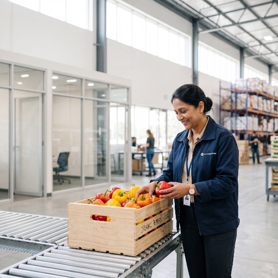 smiling, female, worker, inspecting, organic, bell, peppers, modern, warehouse, distribution, center, logistics, woman, quality, control, supply, chain, fresh, vegetables, crate, conveyor, belt, industrial, professional, inspection, agriculture, produce, local, healthy, employee, facility, business, commerce, grocery, sustainability, packing, sorting, indian, workplace, food, safety, construction
