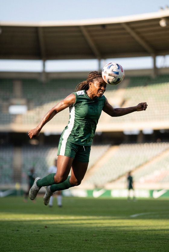 determined, female, soccer, player, jumping, high, head, the, ball, during, match, professional, stadium, football, athlete, heading, jump, woman, sport, action, competition, training, fitness, field, pitch, grass, green, uniform, kit, black, african, american, determination, focus, active, lifestyle, exercise, sportswoman, mid-air, goal, league, team, daylight, sunny, sports