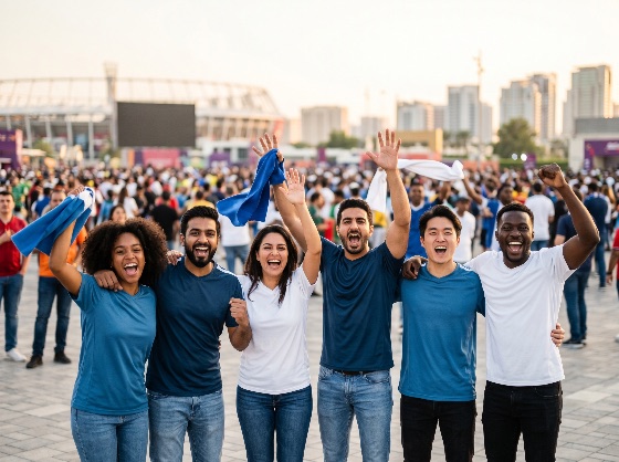 diverse, group, excited, sports, fans, celebrating, together, outside, stadium, during, major, tournament, celebration, diversity, cheering, excitement, winning, soccer, football, multi-ethnic, friends, joy, outdoor, fan, zone, championship, success, happiness, people, youth, community, event, match, game, team, support, victory, shouting, arms, raised, scarves, blue, white, urban, city, sunset, lifestyle, energy, passion, global, international, spectators, crowd, unity