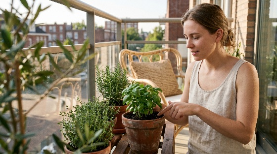 smiling, young, woman, taking, care, her, herb, garden, sunny, urban, balcony, touching, the, soil, basil, plant, terracotta, pot, gardening, herbs, rosemary, thyme, hobby, sustainable, lifestyle, city, apartment, nature, green, outdoor, summer, home, leisure, organic, fresh, growth, planting, relaxation, wellness, living, culinary, eco-friendly, domestic, life, daylight, people