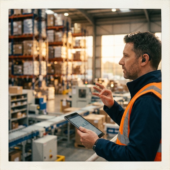 professional, warehouse, manager, using, digital, tablet, manage, inventory, and, logistics, large, distribution, center, worker, supply, chain, technology, industrial, safety, vest, supervisor, storage, shipping, commerce, business, communication, earpiece, management, efficiency, automation, manufacturing, industry, male, adult, working, data, analytics, construction