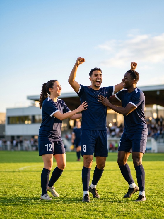 diverse, group, soccer, players, blue, uniforms, celebrating, victory, green, field, under, clear, sky, football, celebration, team, winning, joy, happiness, multi-ethnic, sports, athlete, stadium, grass, uniform, goal, match, game, excitement, success, teamwork, outdoor, sunny, day, cheering, triumph, competitive, athletic, friendship, emotion, achievement, score, pitch, professional, amateur, lifestyle, action, energy, spirit, togetherness, unity, people, young, adults