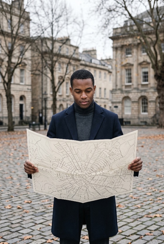 young, african, american, man, stylish, navy, coat, looking, paper, city, map, while, standing, historic, european, square, during, autumn, travel, tourist, urban, exploring, navigation, black, winter, cobblestone, architecture, tourism, vacation, direction, lost, searching, outdoor, lifestyle, male, handsome, london, europe, street, fashion, turtleneck, traveler, journey, adventure, planning, destination, holiday, sightseeing, places