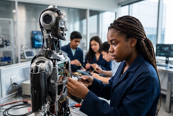 young, african, american, female, student, focused, repairing, and, wiring, sophisticated, humanoid, robot, modern, high-tech, laboratory, setting, robotics, engineering, technology, stem, education, electronics, artificial, intelligence, innovation, science, research, future, learning, classroom, mechanical, prototype, cybernetics, diversity, mechanic, technician, circuitry, automation, development, industry, smart, machine, technical, training, woman, engineer, braids, lab, coat, precision, hardware