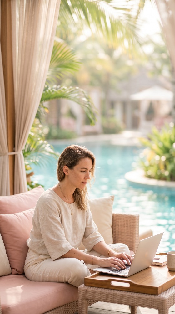 young, woman, working, remotely, her, laptop, while, sitting, luxury, cabana, tropical, resort, with, swimming, pool, and, palm, trees, the, background, digital, nomad, remote, work, travel, vacation, freelance, technology, internet, lifestyle, summer, relaxation, outdoor, office, entrepreneur, business, communication, leisure, holiday, sunny, paradise, professional, workspace, comfort, serenity, beautiful, female, computer, online, freedom, work-life, balance, productivity, tourism, exotic, beach, club, gazebo, finance