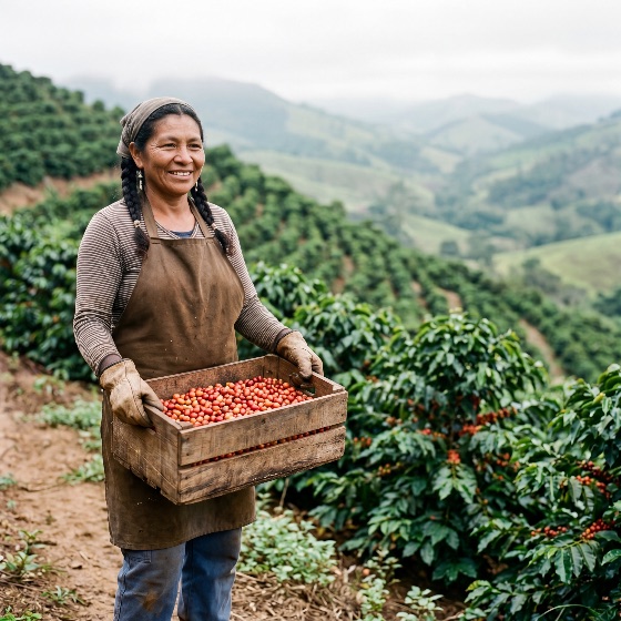 smiling, female, farmer, holding, wooden, crate, freshly, harvested, red, coffee, cherries, hillside, plantation, harvest, woman, agriculture, berries, rural, mountain, worker, organic, farming, sustainable, nature, landscape, beans, crop, field, labor, production, life, traditional, indigenous, outdoor, growth, food, beverage, industry, portrait, manual, hills, green, fresh, raw, season, drink