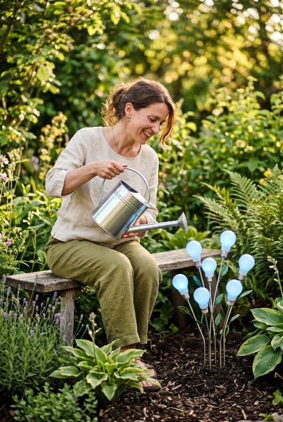 smiling, woman, watering, glowing, light, bulb, plants, lush, garden, representing, innovation, and, sustainable, energy, concepts, idea, growth, green, nature, inspiration, concept, eco-friendly, bright, future, environment, gardening, nurture, success, technology, renewable, imagination, solution, smart, power, ecology, development, progress, vision, plant, outdoor, lifestyle, sustainability, creative, thinking, metaphor, landscapes