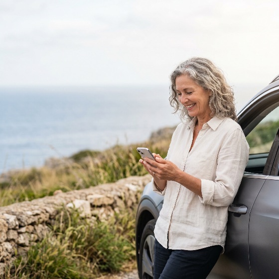smiling, mature, woman, using, smartphone, while, leaning, car, with, coastal, view, senior, road, trip, ocean, travel, middle-aged, happy, technology, mobile, phone, lifestyle, adventure, vacation, outdoors, gray, hair, silver, casual, vehicle, transport, tourism, nature, scenic, horizon, summer, freedom, independence, solo, texting, browsing, navigation, white, shirt, caucasian, female, person, journey, communication, connection, digital, nomad, seaside, shore, cliff, holiday, leisure, retirement, active, people