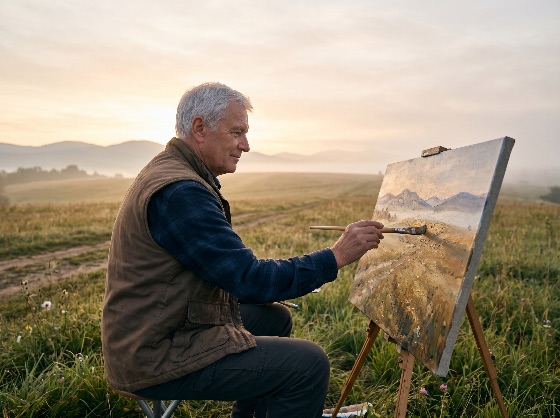 senior, man, painting, beautiful, landscape, canvas, field, sunrise, capturing, the, serene, mountain, view, artist, nature, outdoors, easel, creativity, hobby, retirement, elderly, morning, art, oil, leisure, peaceful, golden, hour, creative, male, person, lifestyle, hobbyist, talent, skill, inspiration, rural, countryside, mist, fog, hills, sunset, activity, active, expression, fine, brush, outdoorsy, calm, tranquility, life, landscapes