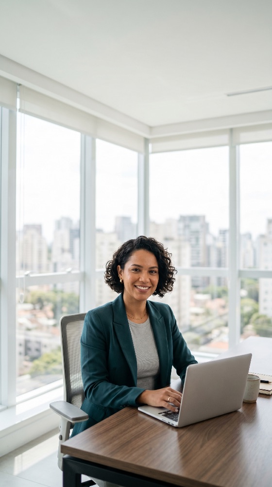 successful, business, woman, smiling, while, working, laptop, modern, high-rise, office, with, city, view, professional, success, corporate, entrepreneur, workplace, career, desk, confident, leadership, executive, technology, computer, urban, skyscraper, window, bright, daylight, interior, female, adult, management, communication, productivity, portrait, curly, hair, blazer, attire, job, work, finance, marketing, startup, remote, employee, employer, consultant, expert, agency