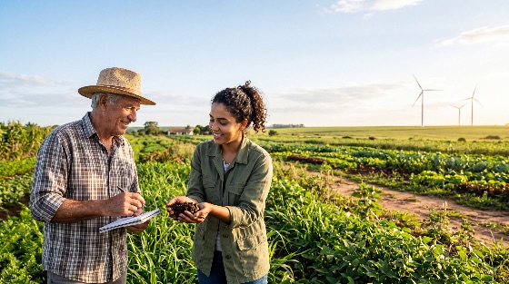 senior, male, farmer, and, young, female, agronomist, checking, soil, health, green, vegetable, field, with, wind, turbines, the, background, agriculture, farm, sustainable, renewable, energy, woman, environment, ecology, growth, nature, rural, teamwork, mentorship, organic, earth, dirt, quality, research, outdoor, crops, vegetables, plantation, harvest, science, technology, lifestyle, professional, industry, landscape, summer, sunny, education, diversity, generation, partnership, eco-friendly, agronomy, farming, clean, sustainability, natural, work, people