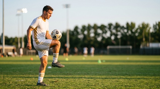 athletic, young, man, white, uniform, practicing, soccer, skills, and, juggling, ball, his, knee, green, field, during, sunset, football, player, athlete, training, practice, sport, kit, grass, stadium, golden, hour, skill, exercise, fitness, outdoors, professional, balance, action, lifestyle, hobby, competition, game, match, summer, sunny, daylight, active, healthy, performance, agility, concentration, focus, motivation, strength, endurance, team, sportsmanship, sports