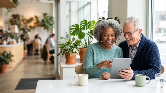 happy, senior, interracial, couple, laughing, and, using, digital, tablet, together, bright, modern, cafe, diverse, technology, coffee, shop, elderly, retired, man, woman, lifestyle, internet, online, connection, togetherness, smiling, joy, plants, indoor, browsing, social, communication, silver, hair, tech-savvy, active, seniors, caucasian, african, american, mugs, glasses, casual, retirement, people