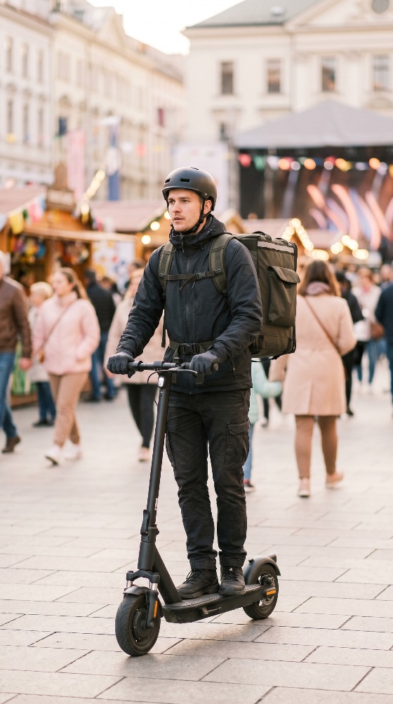 male, food, delivery, courier, wearing, helmet, and, carrying, large, thermal, backpack, while, riding, electric, scooter, busy, urban, pedestrian, area, e-scooter, city, man, transportation, service, logistics, gig, economy, worker, commute, street, square, modern, eco-friendly, green, energy, job, professional, outdoor, safety, bag, shipping, life, mobility, fast, full, length, daylight, industrial, construction