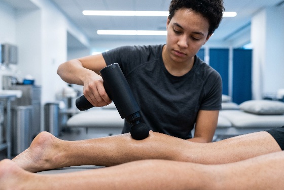 professional, female, therapist, using, handheld, percussion, massage, gun, male, athlete, leg, for, muscle, recovery, massager, physical, therapy, calf, treatment, rehabilitation, wellness, health, sports, medicine, fitness, device, clinic, pain, relief, physiotherapy, injury, body, care, wellbeing, medical, gym, exercise, patient, myofascial, release, vibration, technology, healthcare, healthy, lifestyle, relaxation, deep, tissue, sore, muscles, prevention, athletic, training