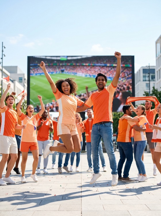diverse, group, enthusiastic, sports, fans, jumping, and, cheering, while, watching, football, match, large, outdoor, screen, city, square, soccer, celebration, victory, goal, sport, game, excitement, orange, jersey, friends, fan, zone, big, led, plaza, tournament, championship, world, cup, winning, happiness, energy, lifestyle, summer, people, multi-ethnic, success, team, spirit, community, emotion, shouting, flags, scarves, public, viewing, event, spectator, stadium, joy, active, urban