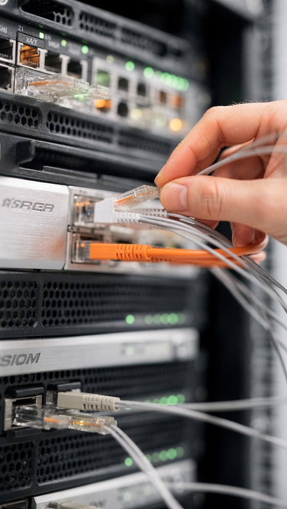 close-up, technician, hand, connecting, ethernet, netwo, inserts, grey, network, cable, into, server, port, the, scene, features, multiple, units, with, glowing, status, lights, and, various, cables, highlighting, data, center, maintenance, infrastructure, connection, technology, hardware, internet, connectivity, computer, rj45, system, communication, digital, cloud, storage, database, telecommunication, networking, wire, plug, professional, equipment, information, business, security, hosting, rack, electronic, device, engineering, support, web, global, fiber, optic, technical, industry, service, link, transfer, speed