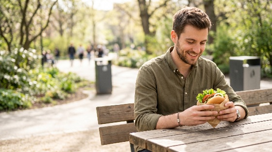 smiling, young, man, holding, fresh, burger, while, sitting, wooden, table, sunny, public, park, eating, lunch, food, hamburger, happy, outdoor, casual, male, lifestyle, picnic, fast, meal, summer, spring, nature, wood, green, shirt, hungry, delicious, snack, street, person, caucasian, beard, leisure, relaxation, city, takeaway, people