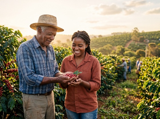 senior, farmer, and, young, woman, holding, ripe, coffee, cherries, plantation, sunset, harvest, agriculture, berries, red, farm, rural, worker, family, father, daughter, man, smiling, happy, sustainable, organic, nature, field, crop, production, industry, quality, teamwork, heritage, tradition, outdoors, golden, hour, sunrise, agribusiness, growth, success, manual, labor, cultivation, people, lifestyle
