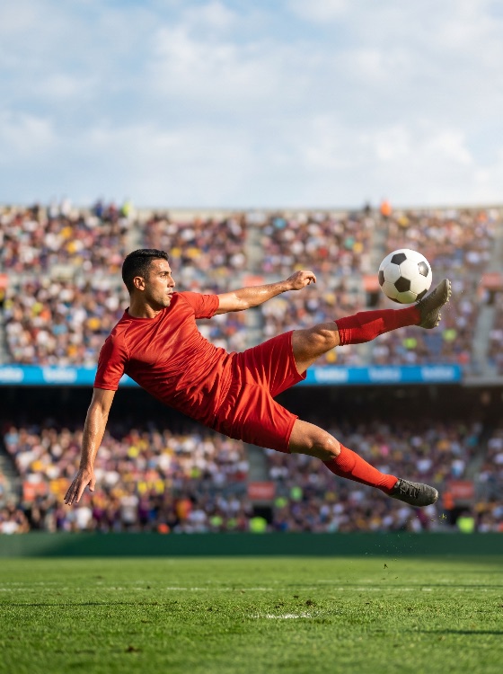professional, soccer, player, red, uniform, performing, spectacular, bicycle, kick, crowded, stadium, during, match, football, athlete, action, sport, goal, acrobatic, game, competition, grass, field, arena, crowd, spectators, mid-air, jump, athletic, skill, scoring, strike, motion, dynamic, energy, performance, outdoor, daytime, ball, sports, photography, championship, tournament, league, team, exercise, fitness, strength, agility