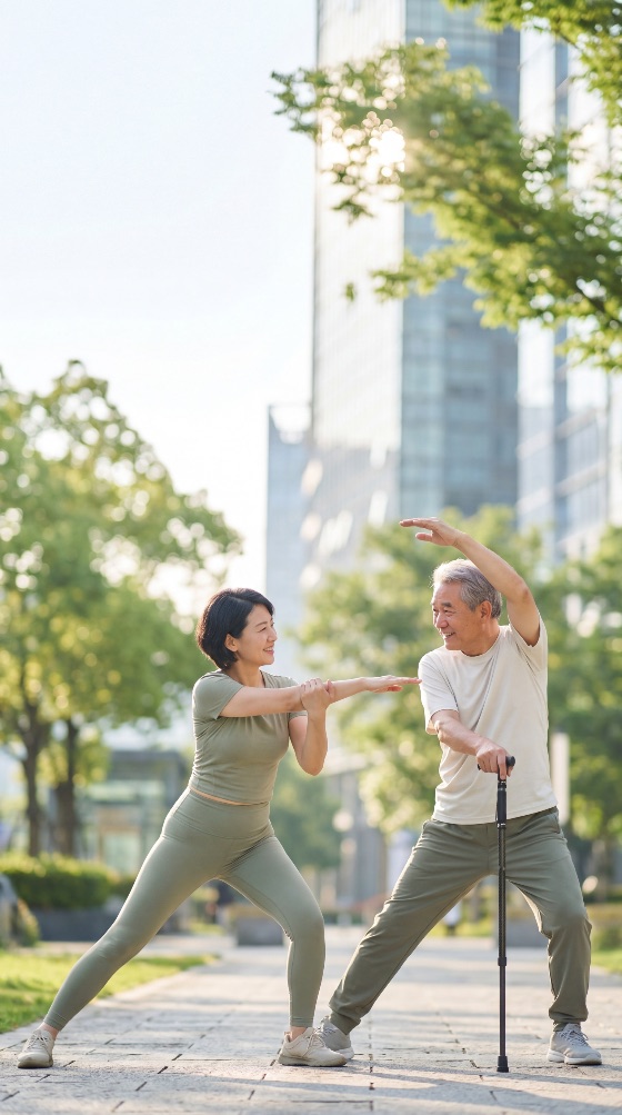 active, senior, asian, man, with, walking, cane, and, young, woman, perform, stretching, exercises, together, sunny, city, park, promoting, health, wellness, intergenerational, bonding, elderly, exercise, outdoor, fitness, lifestyle, chinese, japanese, korean, family, daughter, caregiver, support, stick, mobility, rehabilitation, urban, skyscraper, morning, summer, happiness, smiling, vitality, aging, retirement, physical, therapy, workout, training, leisure, nature, green, wellbeing, strength, balance, flexibility, bond, longevity, people