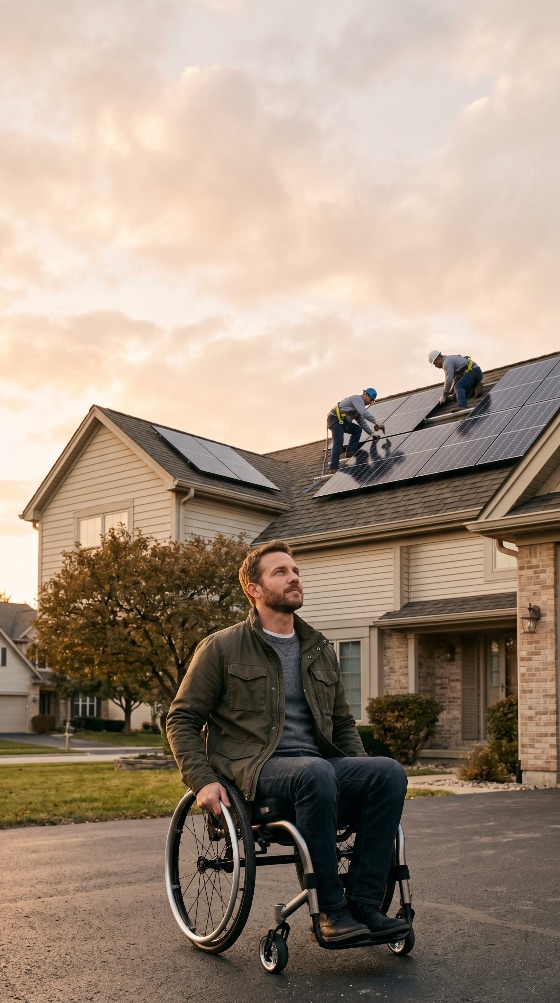 man, wheelchair, watching, workers, install, solar, panels, house, roof, disabled, installation, homeowner, renewable, energy, sustainability, green, accessibility, inclusion, suburban, residential, clean, power, handicap, environment, eco-friendly, home, improvement, lifestyle, outdoors, efficiency, paraplegic, technicians, modern, future, hopeful, investment, people