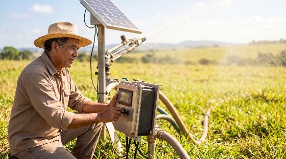 mature, farmer, operating, modern, solar-powered, irrigation, system, control, panel, lush, green, field, sunny, day, solar, power, renewable, energy, agriculture, sustainable, farming, technology, water, management, rural, man, worker, environment, sustainability, sprinkler, farm, ecological, innovation, smart, agribusiness, agritech, outdoor, straw, hat, pump, equipment, industry, nature, production, resource, efficiency, future, landscapes